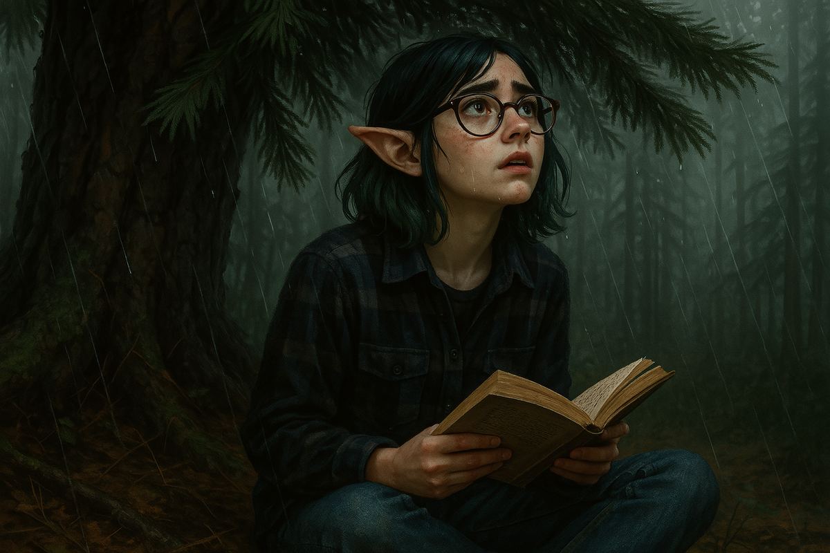 Illustration of Forestghost reading in a rain-dark forest
